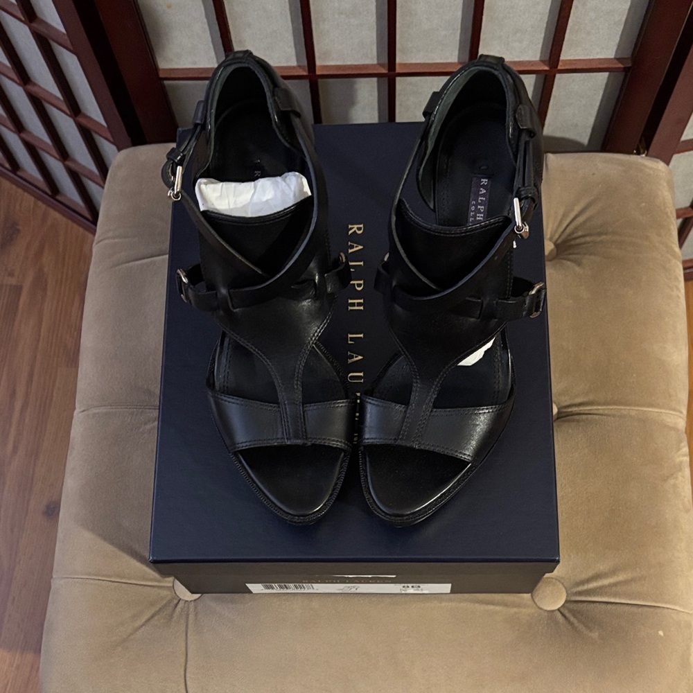 Ralph Lauren Black Bailee High Polish Calf Leather Sandals 38B